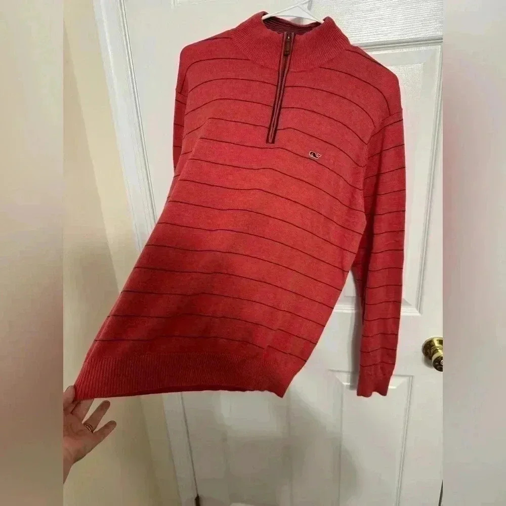 Vineyard Vines Salmon and Blue Striped Quarter Zip Sweater - Size M - Picture 2 of 10